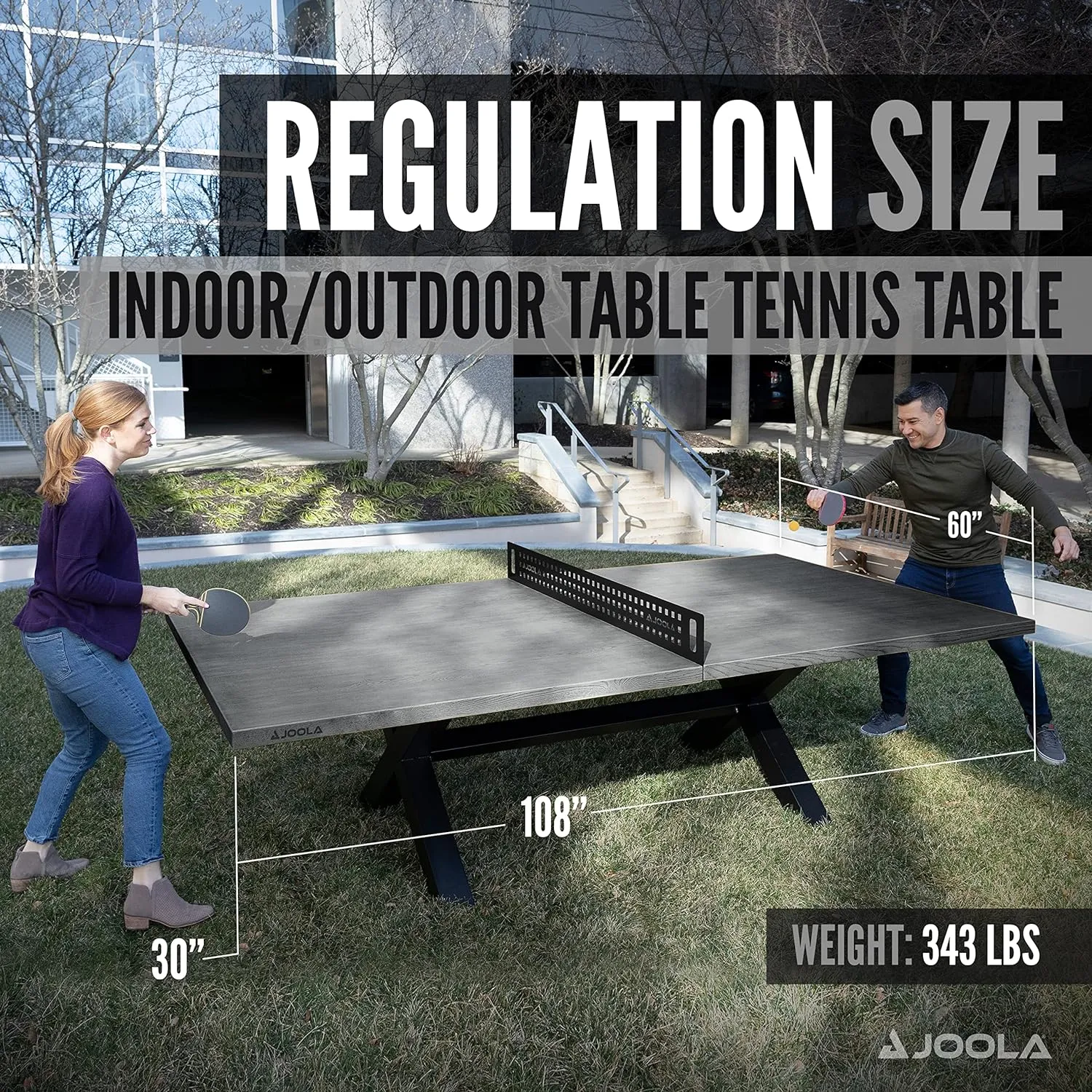 JOOLA Outdoor Table Tennis Table - Multi Use Conference Table Dining Table - Concrete Wood Look Includes Steel Outdoor Ping Pong Net Set & Frame - Hybrid Indoor Outdoor Ping Pong Table