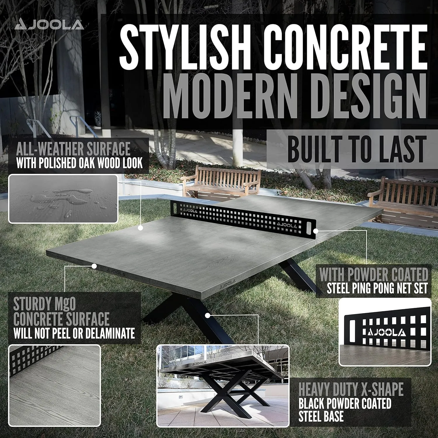 JOOLA Outdoor Table Tennis Table - Multi Use Conference Table Dining Table - Concrete Wood Look Includes Steel Outdoor Ping Pong Net Set & Frame - Hybrid Indoor Outdoor Ping Pong Table