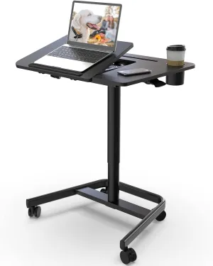 JOY worker Mobile Standing Desk, Height Adjustable Table, 60° Tiltable Rolling Laptop Desk, Portable Sit Stand Desk with Wheels Cup Holder for Bed Couch Hospital, Holds Up to 22lbs, Black