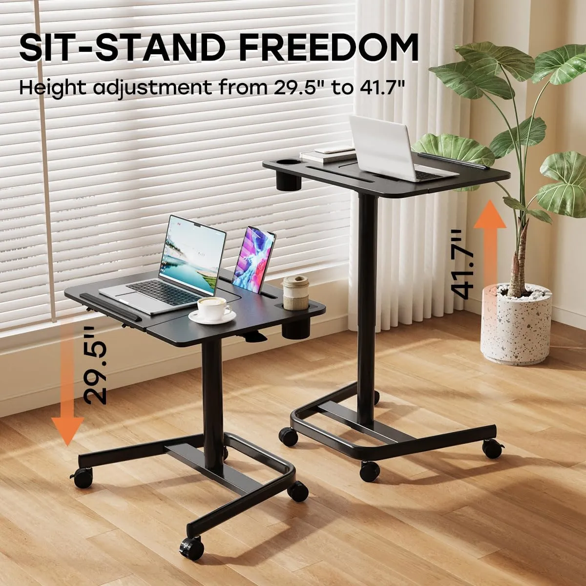 JOY worker Mobile Standing Desk, Height Adjustable Table, 60° Tiltable Rolling Laptop Desk, Portable Sit Stand Desk with Wheels Cup Holder for Bed Couch Hospital, Holds Up to 22lbs, Black