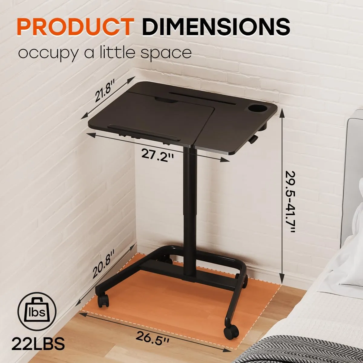 JOY worker Mobile Standing Desk, Height Adjustable Table, 60° Tiltable Rolling Laptop Desk, Portable Sit Stand Desk with Wheels Cup Holder for Bed Couch Hospital, Holds Up to 22lbs, Black