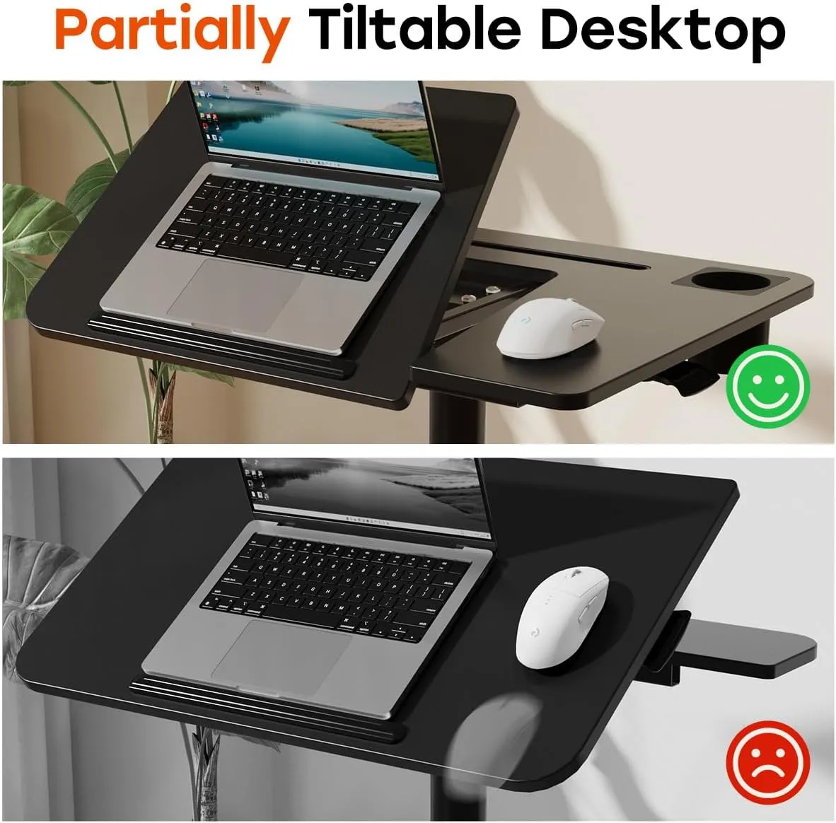 JOY worker Mobile Standing Desk, Height Adjustable Table, 60° Tiltable Rolling Laptop Desk, Portable Sit Stand Desk with Wheels Cup Holder for Bed Couch Hospital, Holds Up to 22lbs, Black