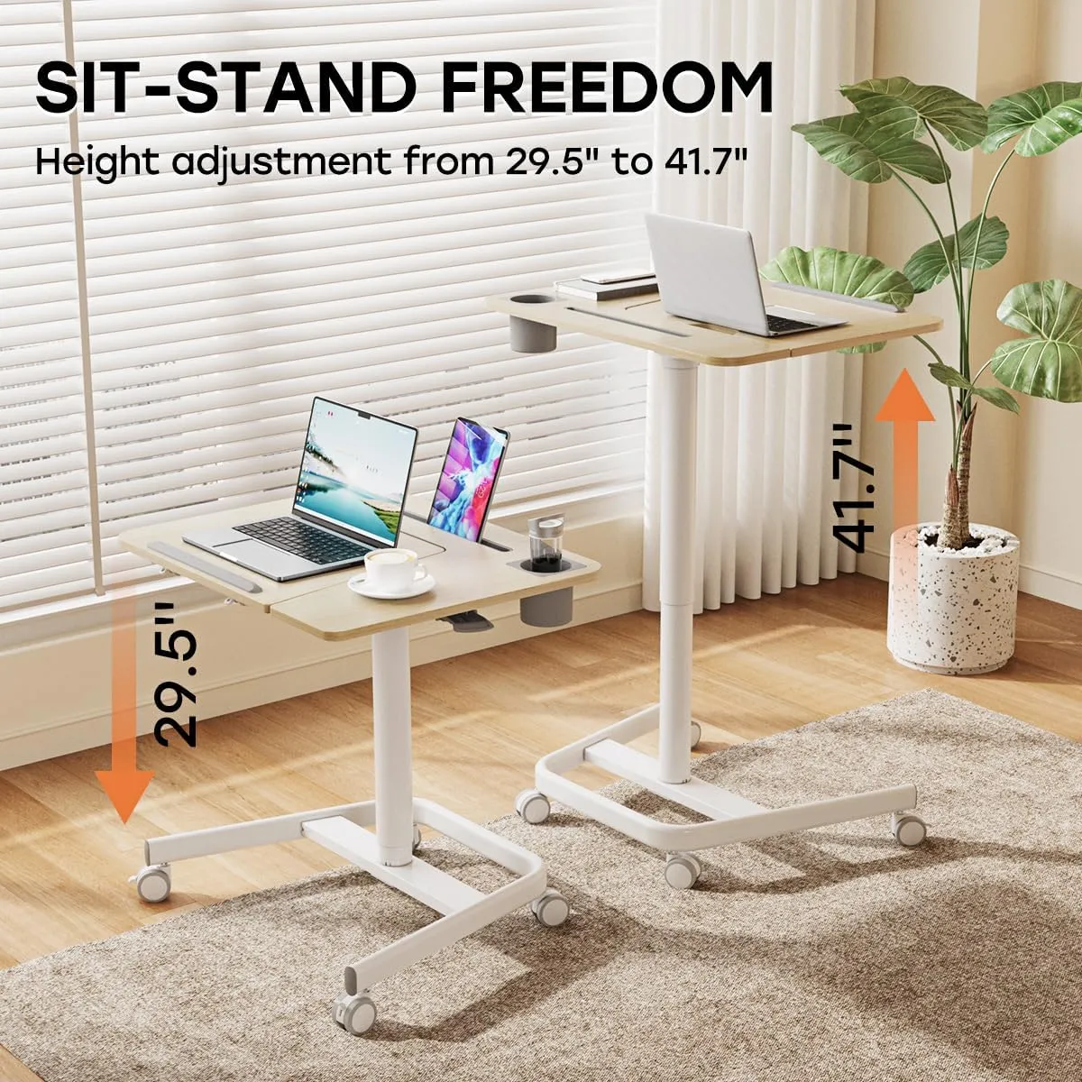 JOY worker Mobile Standing Desk, Pneumatic Height Adjustable Table, 60° Tiltable Rolling Laptop Desk, Portable Sit Stand Desk with Wheels Cup Holder for Bed Couch Hospital, Holds Up to 22lbs, Oak