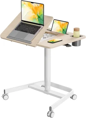 JOY worker Mobile Standing Desk, Pneumatic Height Adjustable Table, 60° Tiltable Rolling Laptop Desk, Portable Sit Stand Desk with Wheels Cup Holder for Bed Couch Hospital, Holds Up to 22lbs, Oak