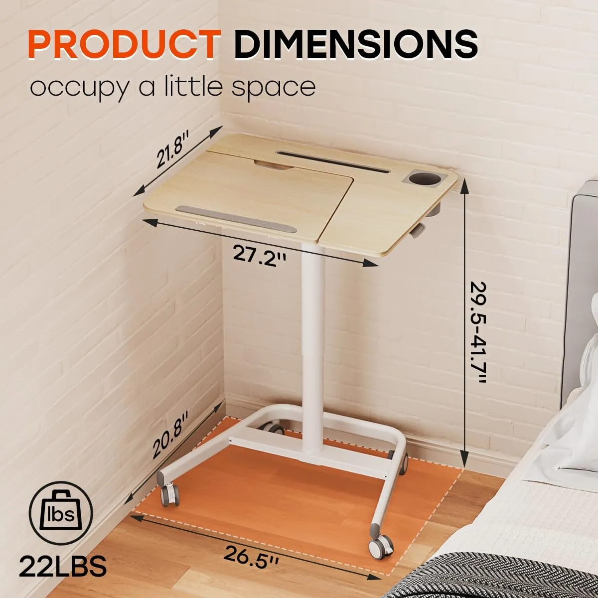 JOY worker Mobile Standing Desk, Pneumatic Height Adjustable Table, 60° Tiltable Rolling Laptop Desk, Portable Sit Stand Desk with Wheels Cup Holder for Bed Couch Hospital, Holds Up to 22lbs, Oak