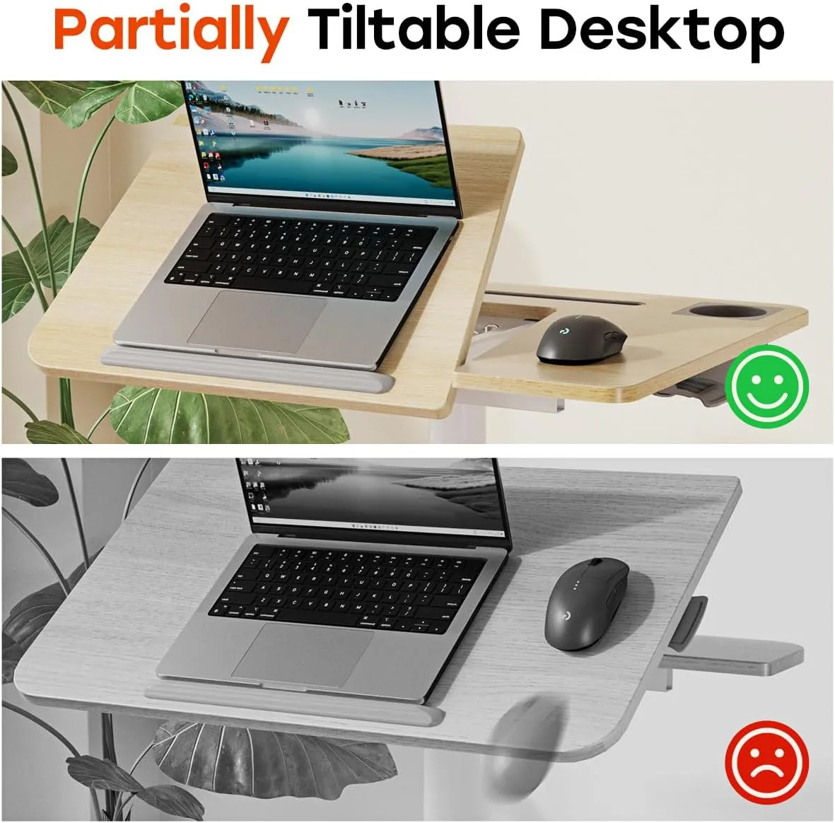 JOY worker Mobile Standing Desk, Pneumatic Height Adjustable Table, 60° Tiltable Rolling Laptop Desk, Portable Sit Stand Desk with Wheels Cup Holder for Bed Couch Hospital, Holds Up to 22lbs, Oak