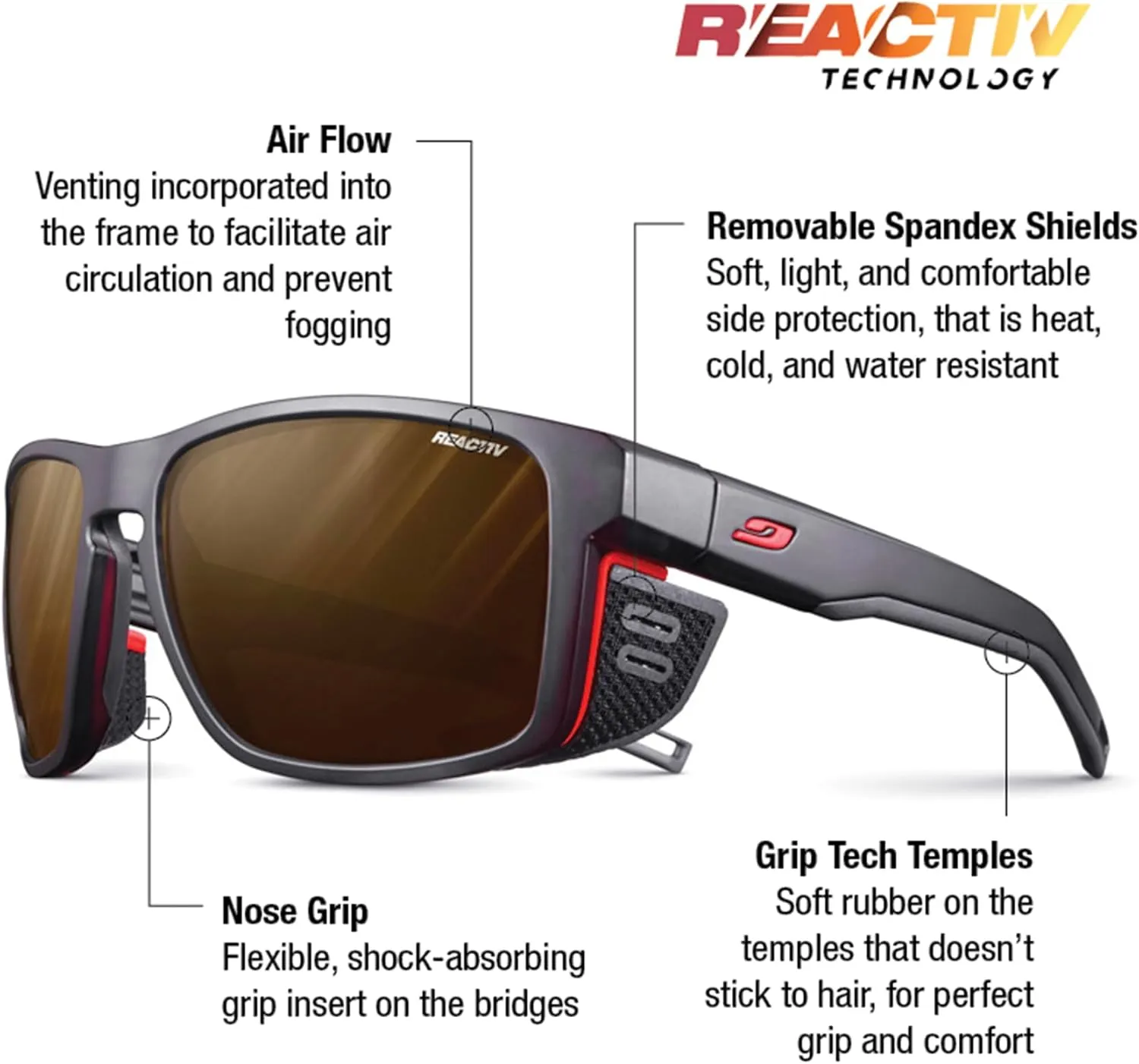 Julbo Shield Glacier Sunglasses for Men & Women w/Removable Spandex Shields for Mountaineering, Hiking, Skiing, and Trekking