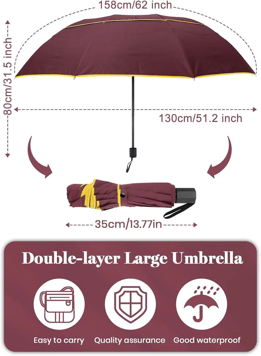 Kalolary 62 Inch Golf Umbrella Extra Large Folding Umbrella Rainproof Compact Umbrella Oversize Double Canopy Vented Waterproof Stick Travel Umbrellas for Women & Men Family Home Use
