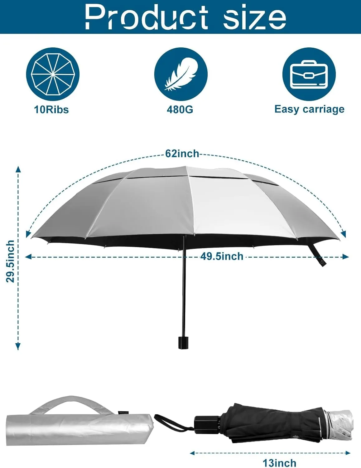 Kalolary UPF 50  UV Protection Compact Golf Umbrella,62 Inch Extra Large Oversize Double Canopy Vented Umbrella Windproof Waterproof for Men and Women