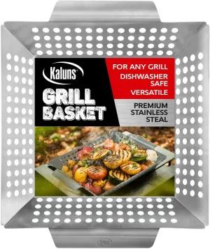 Kaluns Grill Basket For Veggies, Heavy Duty Grilling Baskets For Outdoor Grilling, Large Stainless Steel Vegetable Grill Basket, BBQ and Grill Accessories, Perfect for All Grills and Vegetables