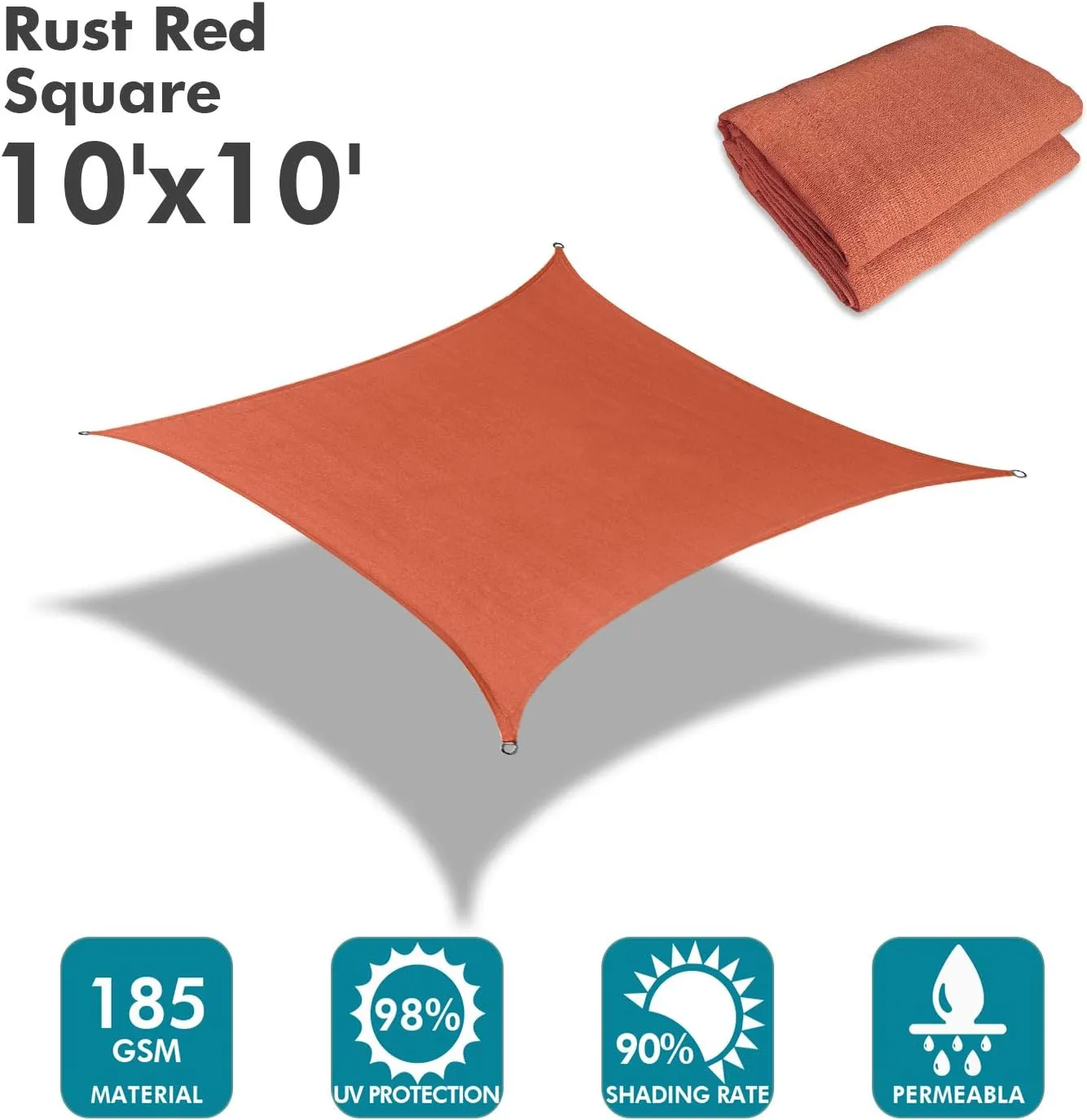 KANAGAWA Sun Shade Sail 10'x10' Rust Red Square UV Block Canopy Awning Shelter Fabric Cloth Screen for Outdoor Patio Garden Backyard Activities
