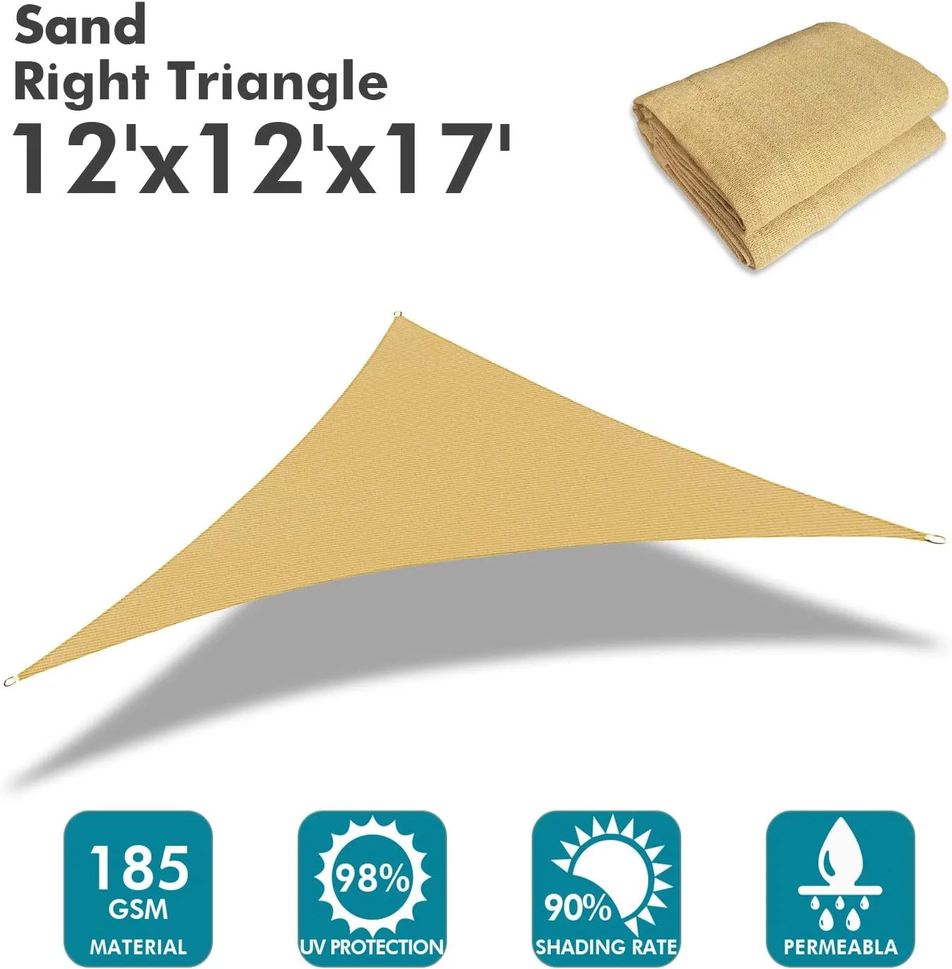 KANAGAWA Sun Shade Sail 12'x12'x17' Sand Triangle UV Block Canopy Sand Cover for Patio Backyard Lawn Garden Outdoor Activities