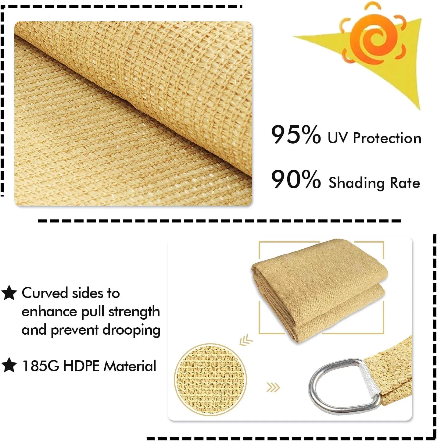 KANAGAWA Sun Shade Sail 12'x12'x17' Sand Triangle UV Block Canopy Sand Cover for Patio Backyard Lawn Garden Outdoor Activities