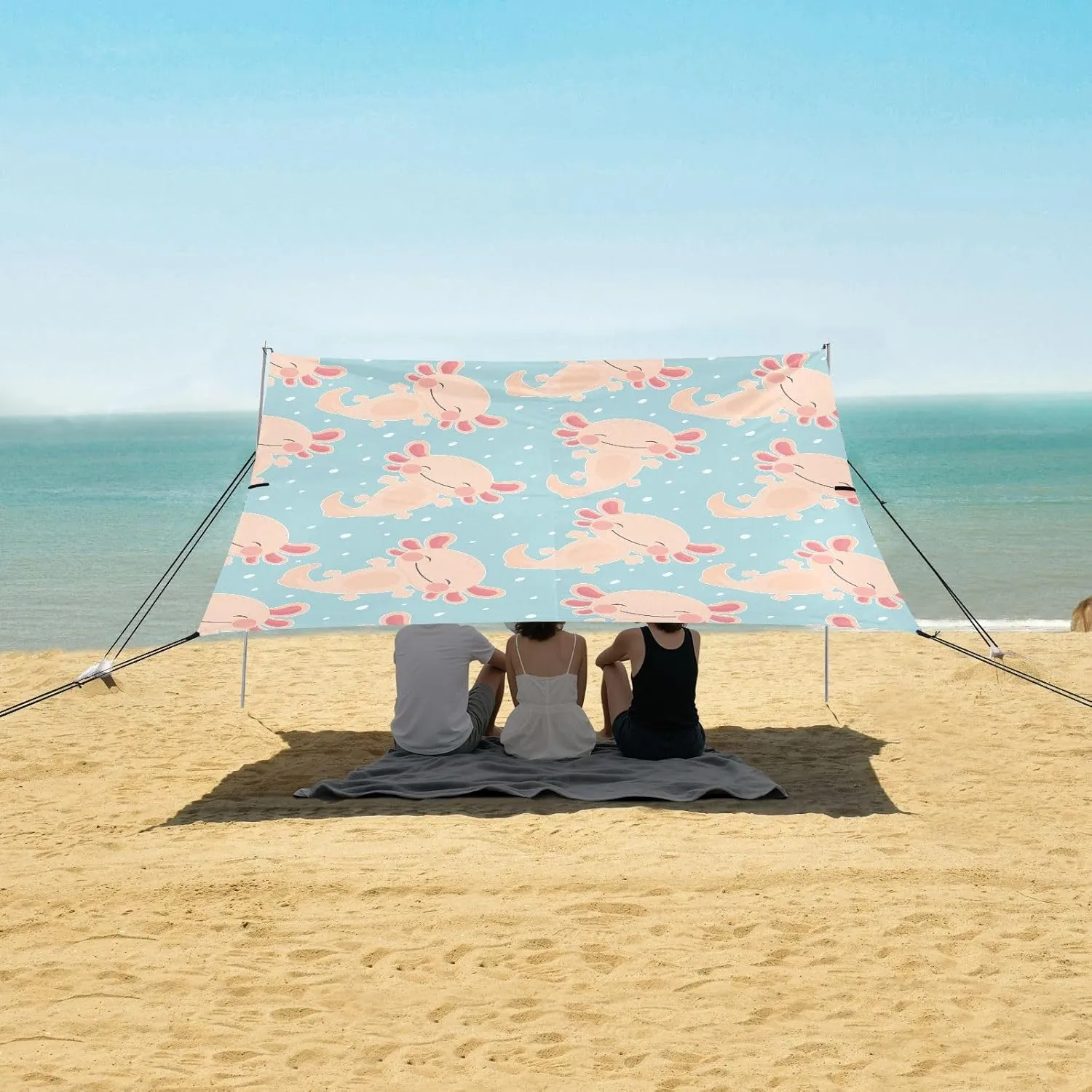 Kawaii Axolotl Beach Canopy Tent Anti-UV & Wind Resistant, Baby Amphibian Camping Sun Shelter Easy Setup Portable,Outdoor Shade Tents with Sandbags,Sand Shovels,Ground Pegs & Stability Poles
