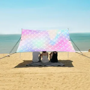 Kawaii Rainbow Mermaid Scales Beach Canopy Tent Anti-UV & Wind Resistant, Sparkles Glitter Camping Sun Shelter Easy Setup Portable,Outdoor Shade Tents with Sandbags,Sand Shovels,Ground Pegs & St