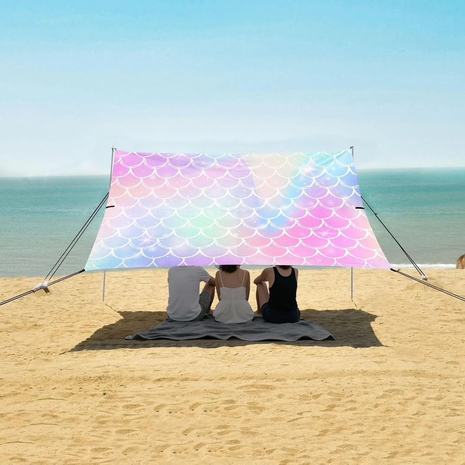 Kawaii Rainbow Mermaid Scales Beach Canopy Tent Anti-UV & Wind Resistant, Sparkles Glitter Camping Sun Shelter Easy Setup Portable,Outdoor Shade Tents with Sandbags,Sand Shovels,Ground Pegs & St
