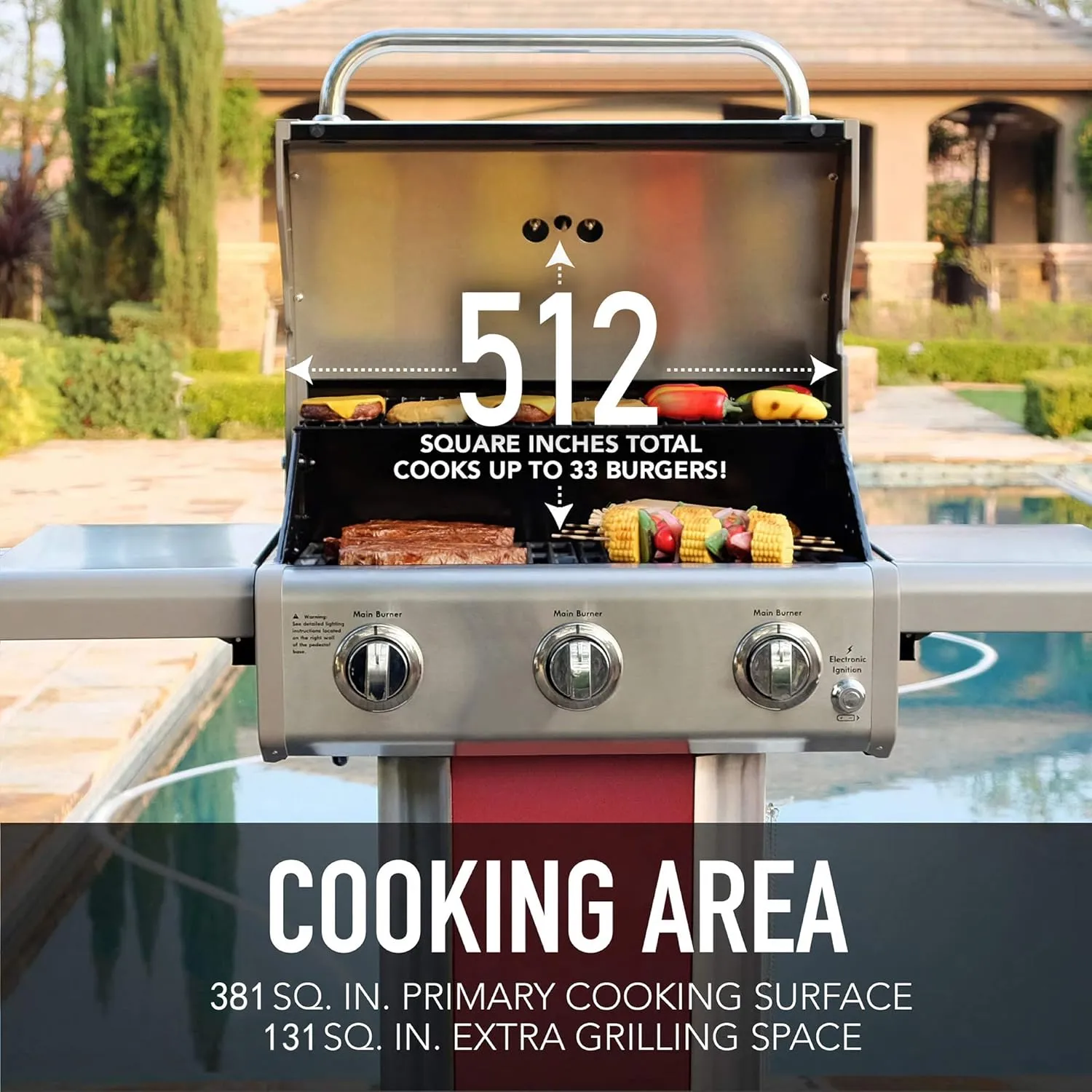 Kenmore 3-Burner Outdoor BBQ Grill | Liquid Propane Barbecue Gas Grill with Folding Sides, PG-A4030400LD-RD, Pedestal Grill with Wheels, 30000 BTU, Red