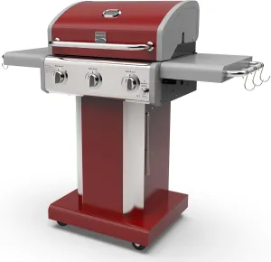 Kenmore 3-Burner Outdoor BBQ Grill | Liquid Propane Barbecue Gas Grill with Folding Sides, PG-A4030400LD-RD, Pedestal Grill with Wheels, 30000 BTU, Red