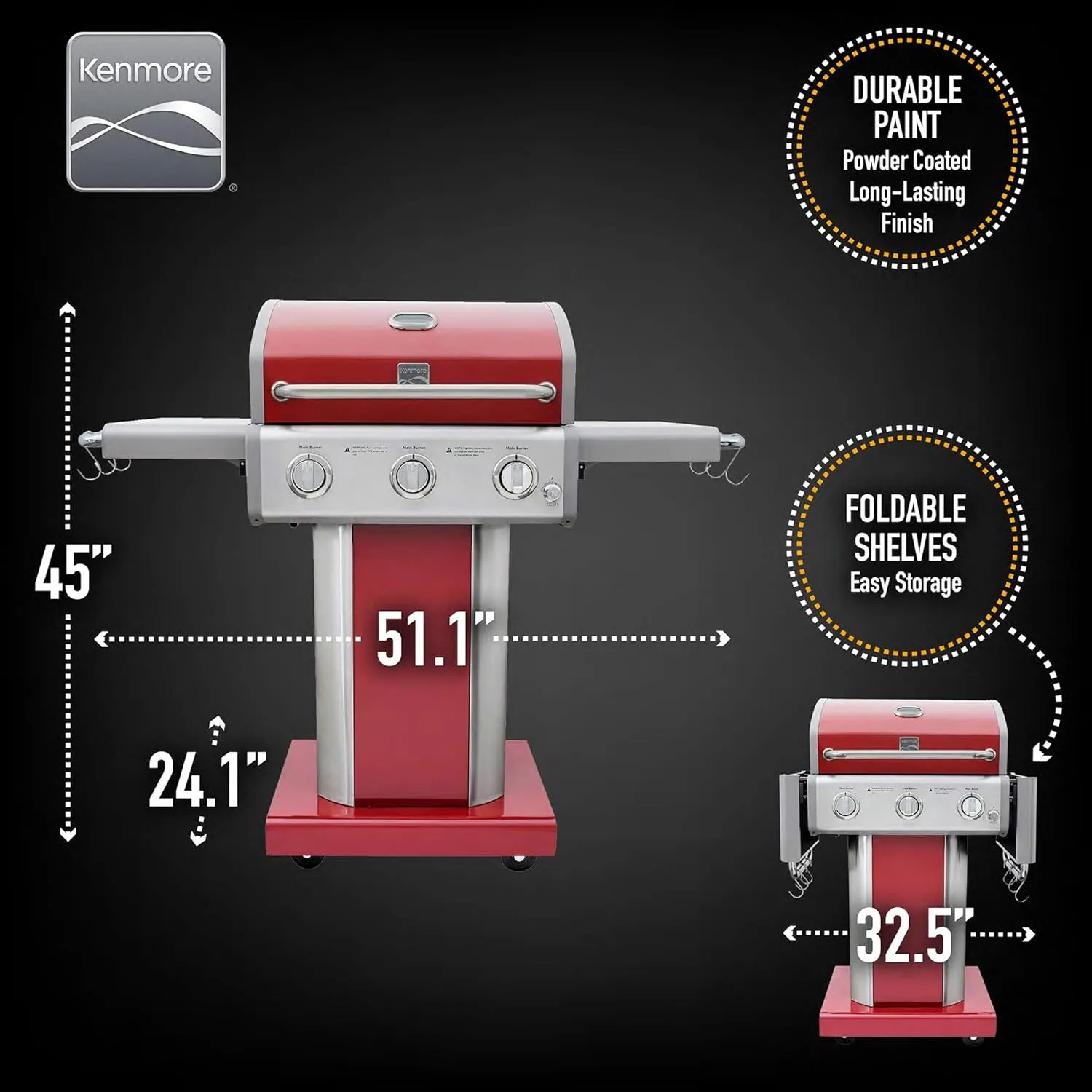 Kenmore 3-Burner Outdoor BBQ Grill | Liquid Propane Barbecue Gas Grill with Folding Sides, PG-A4030400LD-RD, Pedestal Grill with Wheels, 30000 BTU, Red