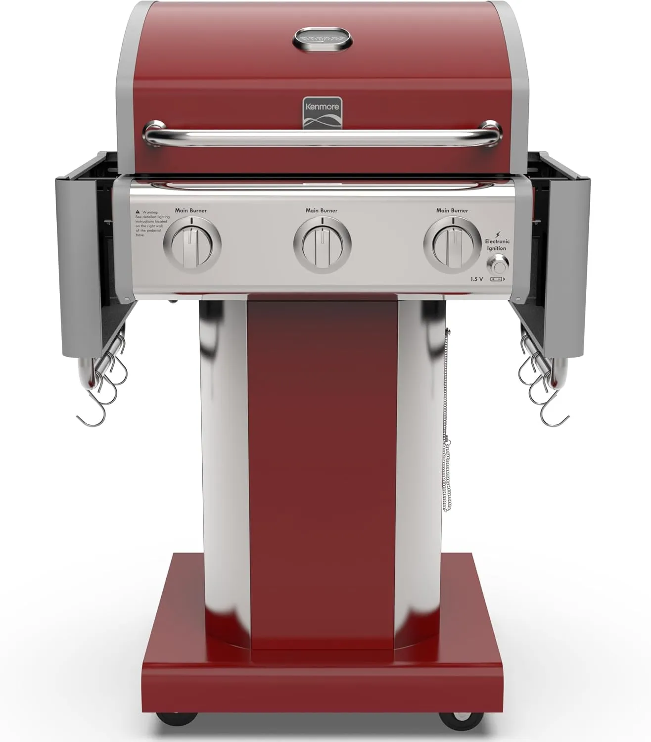 Kenmore 3-Burner Outdoor BBQ Grill | Liquid Propane Barbecue Gas Grill with Folding Sides, PG-A4030400LD-RD, Pedestal Grill with Wheels, 30000 BTU, Red