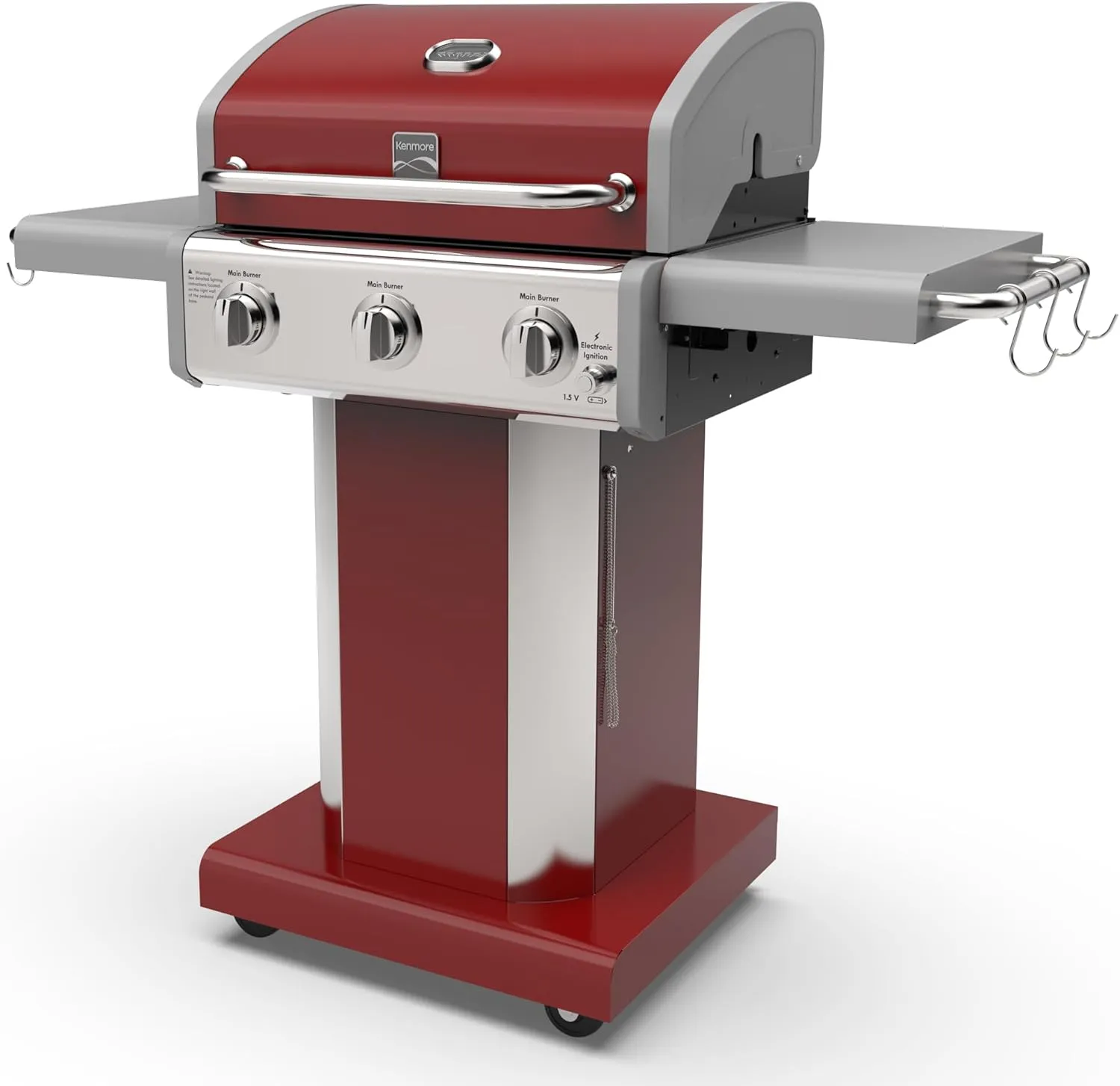 Kenmore 3-Burner Outdoor BBQ Grill | Liquid Propane Barbecue Gas Grill with Folding Sides, PG-A4030400LD-RD, Pedestal Grill with Wheels, 30000 BTU, Red