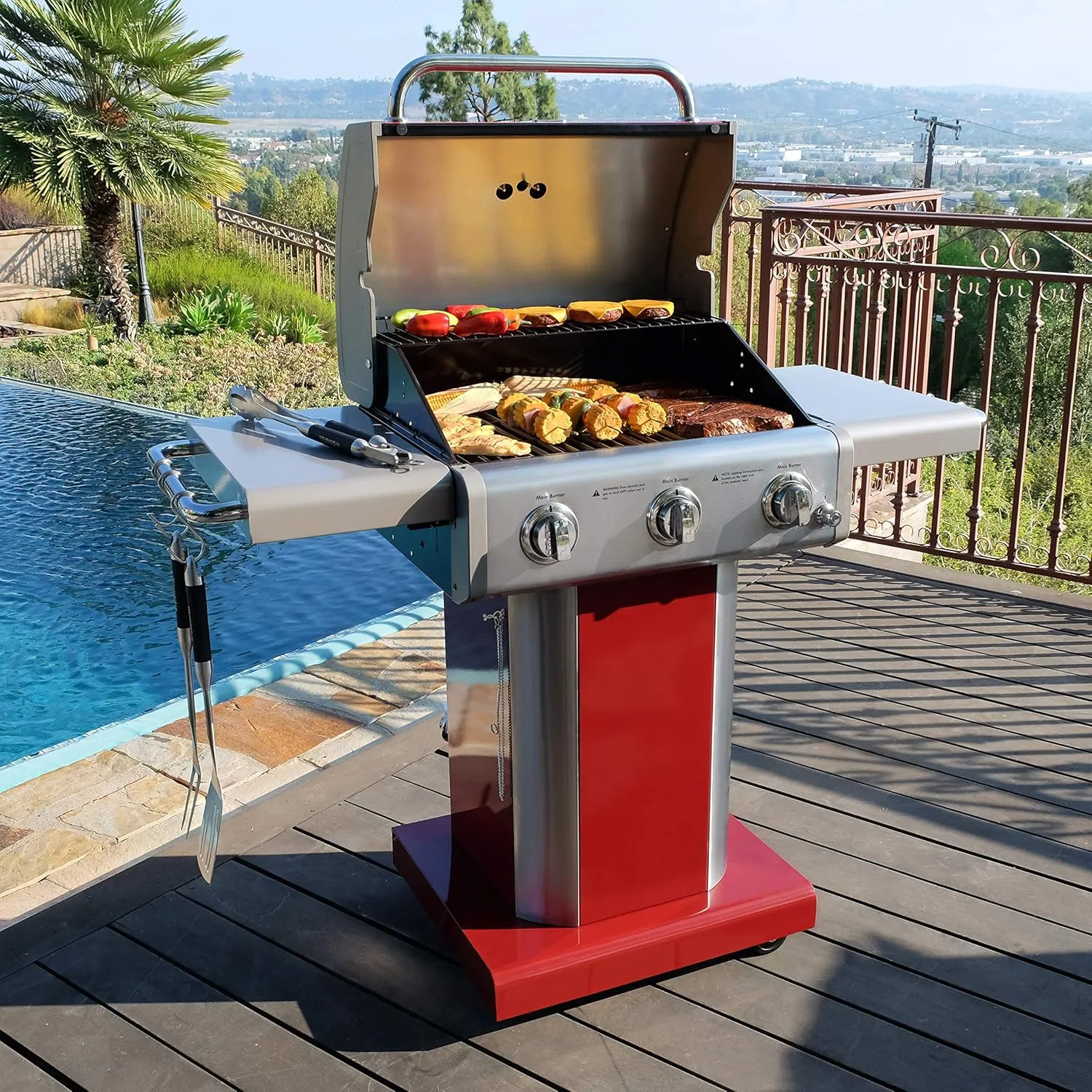 Kenmore 3-Burner Outdoor BBQ Grill | Liquid Propane Barbecue Gas Grill with Folding Sides, PG-A4030400LD-RD, Pedestal Grill with Wheels, 30000 BTU, Red