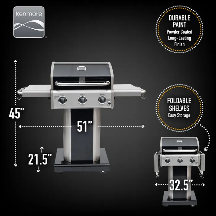 Kenmore - 3 Burner Pedestal Grill with Foldable Side Shelves - BLACK