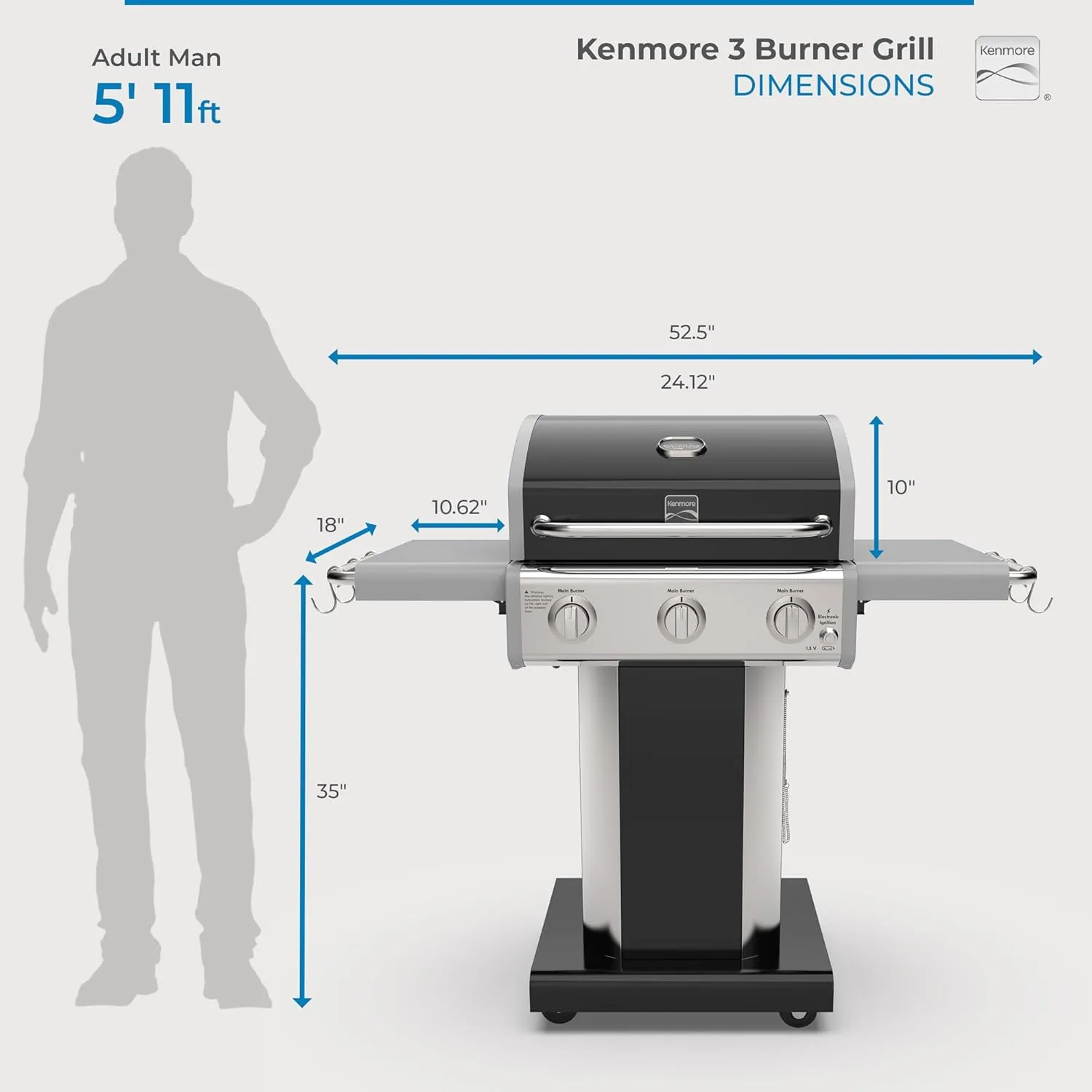 Kenmore 3-Burner Propane BBQ Grill, 30,000 BTUs Gas Grill with Cast Iron Cooking Grates, Folding Side Tables & Wheels, Outdoor Grill with Tool Hooks, Black