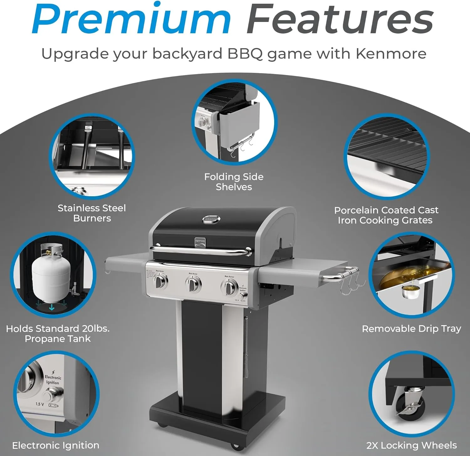 Kenmore 3-Burner Propane BBQ Grill, 30,000 BTUs Gas Grill with Cast Iron Cooking Grates, Folding Side Tables & Wheels, Outdoor Grill with Tool Hooks, Black