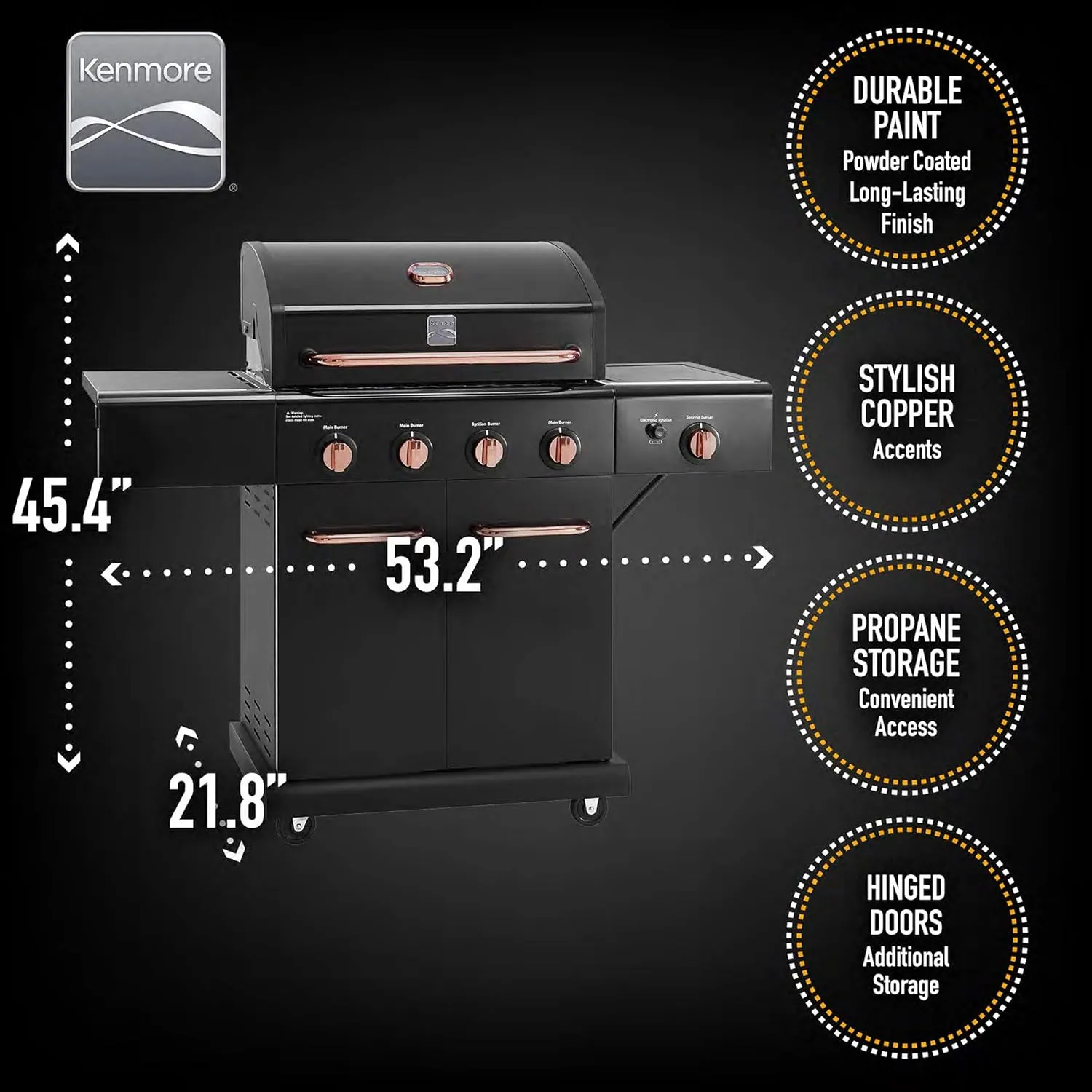 Kenmore 4-Burner BBQ Gas Grill with Searing Side Burner, Propane Grill, 52,000 BTUs, Warming Rack, Electronic Ignition & Cast Iron Cooking Grates, Black/Copper