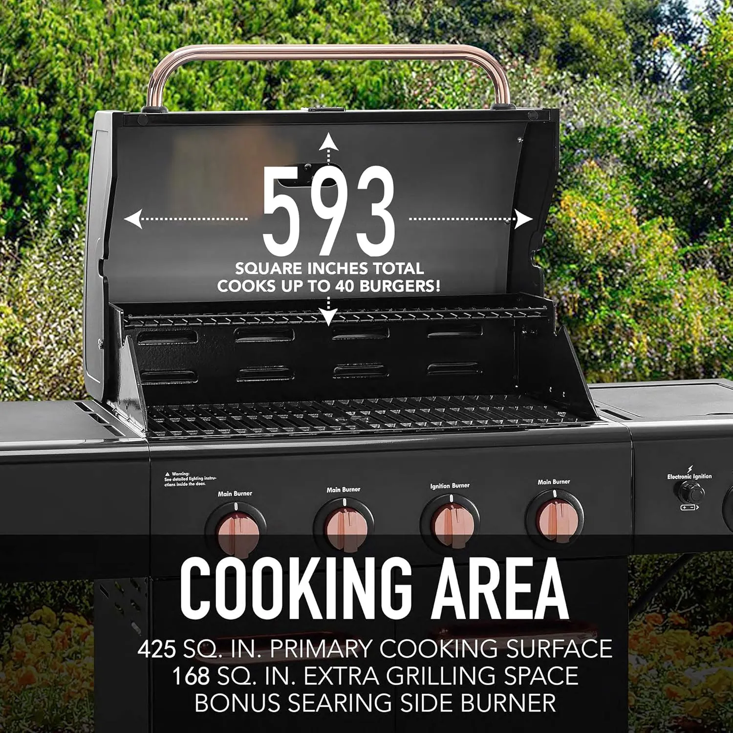 Kenmore 4-Burner BBQ Gas Grill with Searing Side Burner, Propane Grill, 52,000 BTUs, Warming Rack, Electronic Ignition & Cast Iron Cooking Grates, Black/Copper