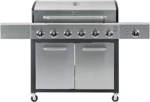 Kenmore 6-Burner Propane Gas BBQ Grill with Side Burner, 73,000 BTUs, Stainless Steel Cabinet Grill with Cast Iron Grates for Outdoor Cooking, Backyard BBQ, Patio, Large Parties