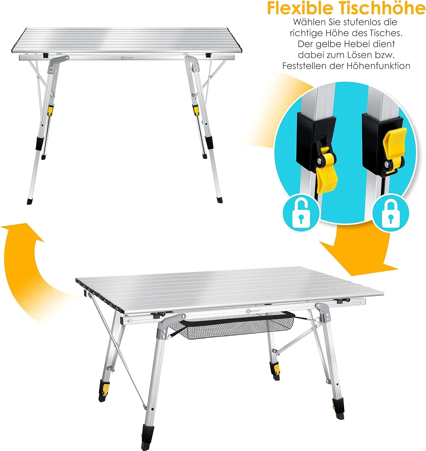 Kesser® Folding Camping Table, with Aluminium Frame, Roll-Up Table, with Height Adjustment Incl. Carry Bag with Strap, 90 x 53 cm - Up to 30 kg