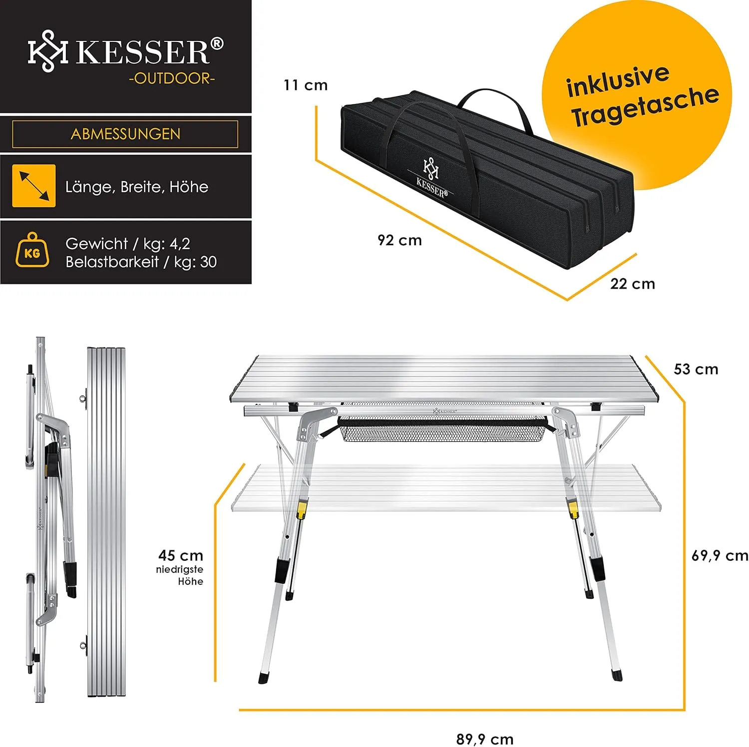 Kesser® Folding Camping Table, with Aluminium Frame, Roll-Up Table, with Height Adjustment Incl. Carry Bag with Strap, 90 x 53 cm - Up to 30 kg