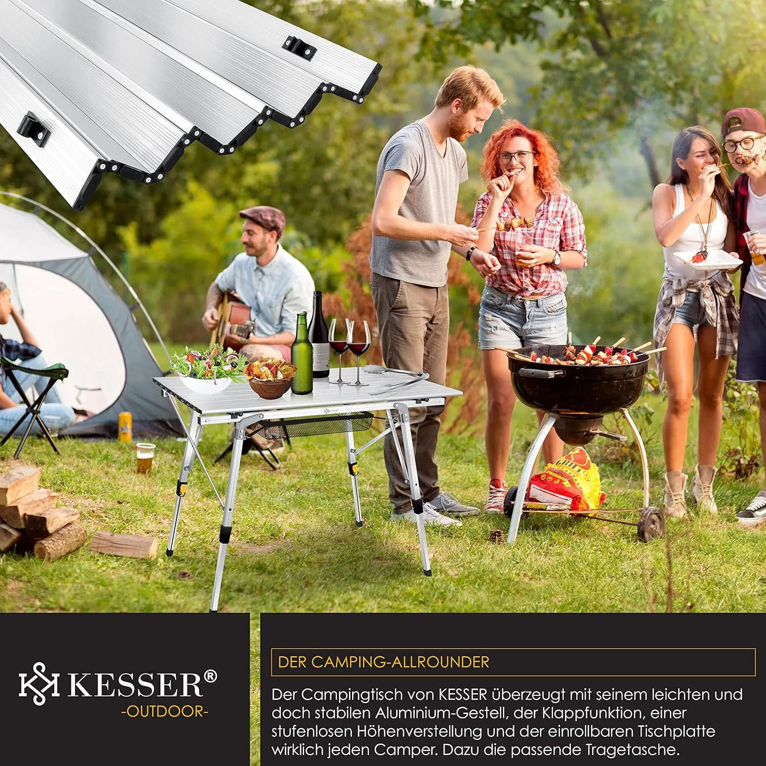 Kesser® Folding Camping Table, with Aluminium Frame, Roll-Up Table, with Height Adjustment Incl. Carry Bag with Strap, 90 x 53 cm - Up to 30 kg