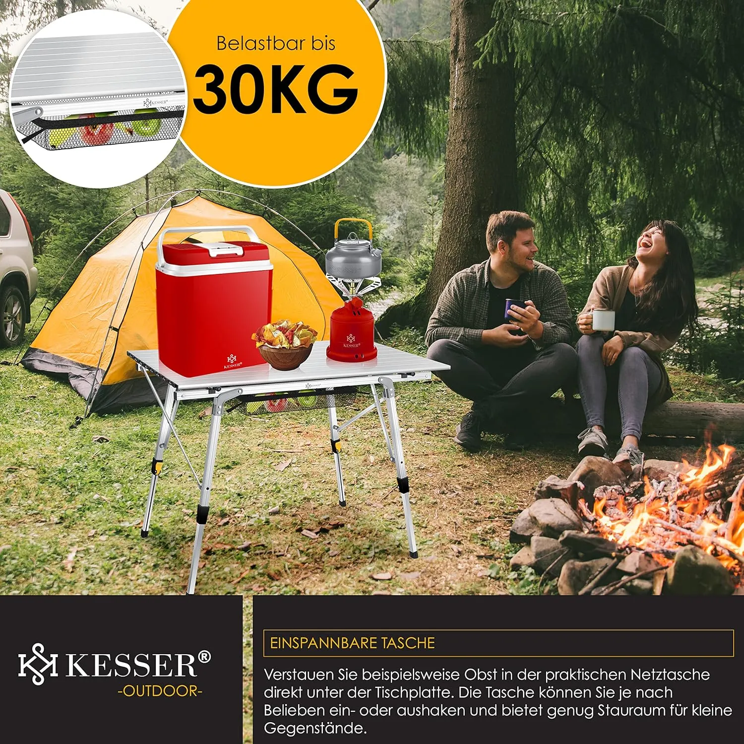 Kesser® Folding Camping Table, with Aluminium Frame, Roll-Up Table, with Height Adjustment Incl. Carry Bag with Strap, 90 x 53 cm - Up to 30 kg