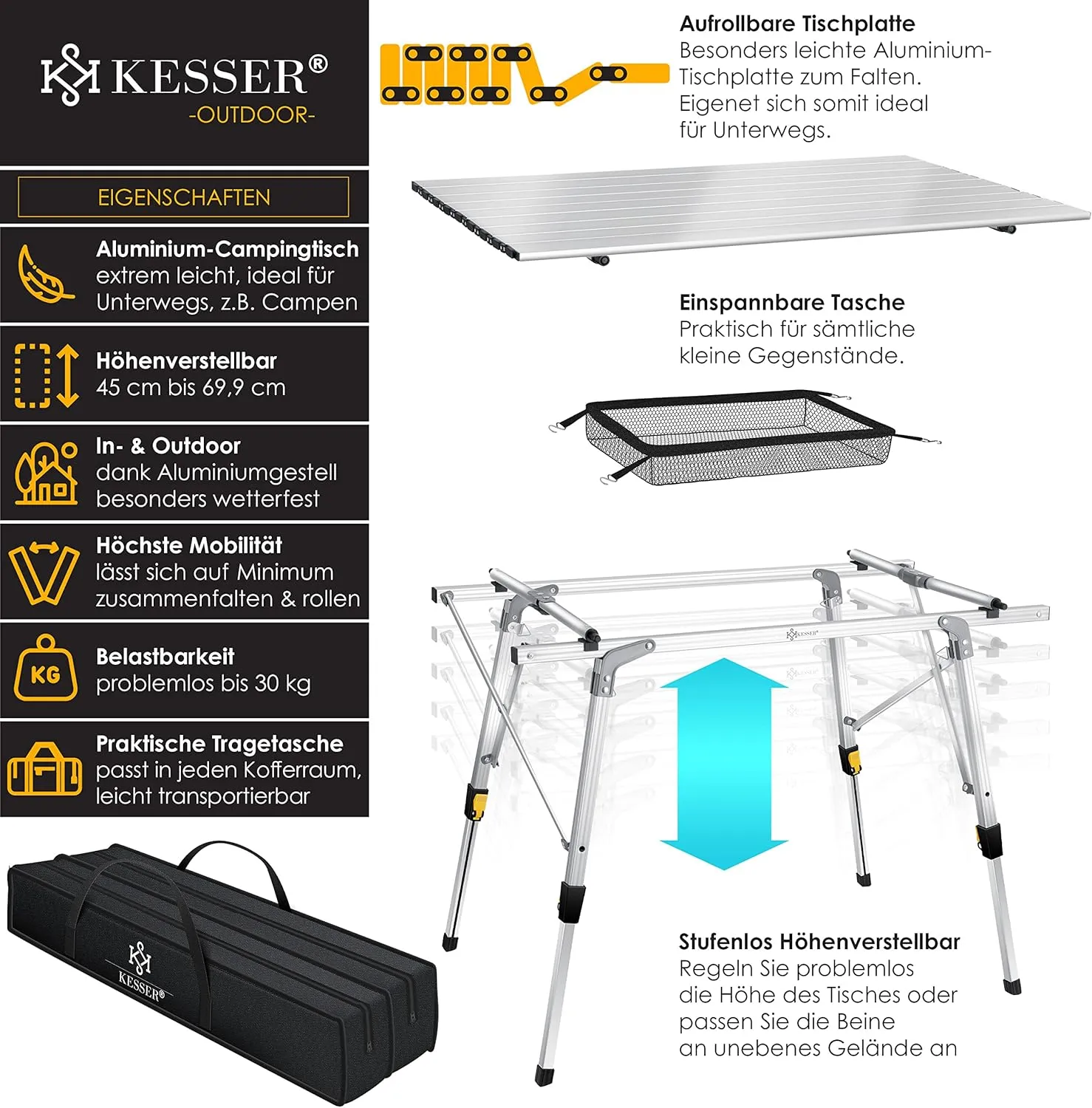 Kesser® Folding Camping Table, with Aluminium Frame, Roll-Up Table, with Height Adjustment Incl. Carry Bag with Strap, 90 x 53 cm - Up to 30 kg