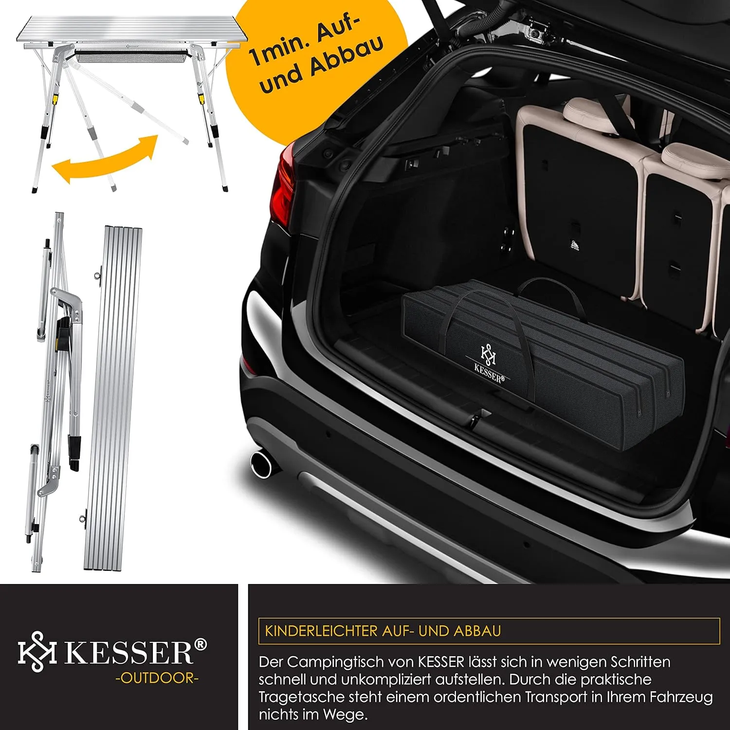 Kesser® Folding Camping Table, with Aluminium Frame, Roll-Up Table, with Height Adjustment Incl. Carry Bag with Strap, 90 x 53 cm - Up to 30 kg
