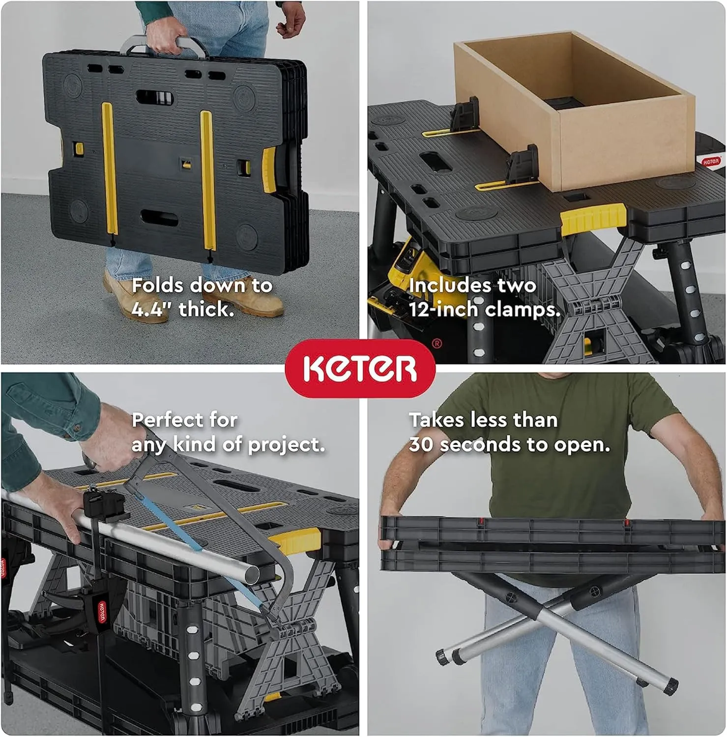 Keter Folding Work Table, Portable Workbench w/ 12" Clamps for Garage/Wood Shop - Heavy-Duty and All-Weather for DIY Home Improvements and Worksites