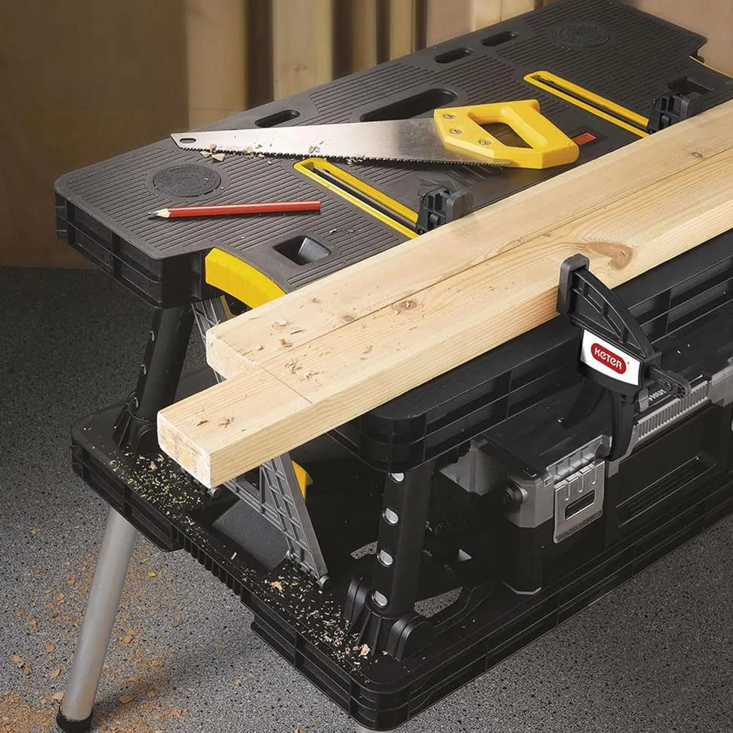 Keter Folding Work Table, Portable Workbench w/ 12" Clamps for Garage/Wood Shop - Heavy-Duty and All-Weather for DIY Home Improvements and Worksites