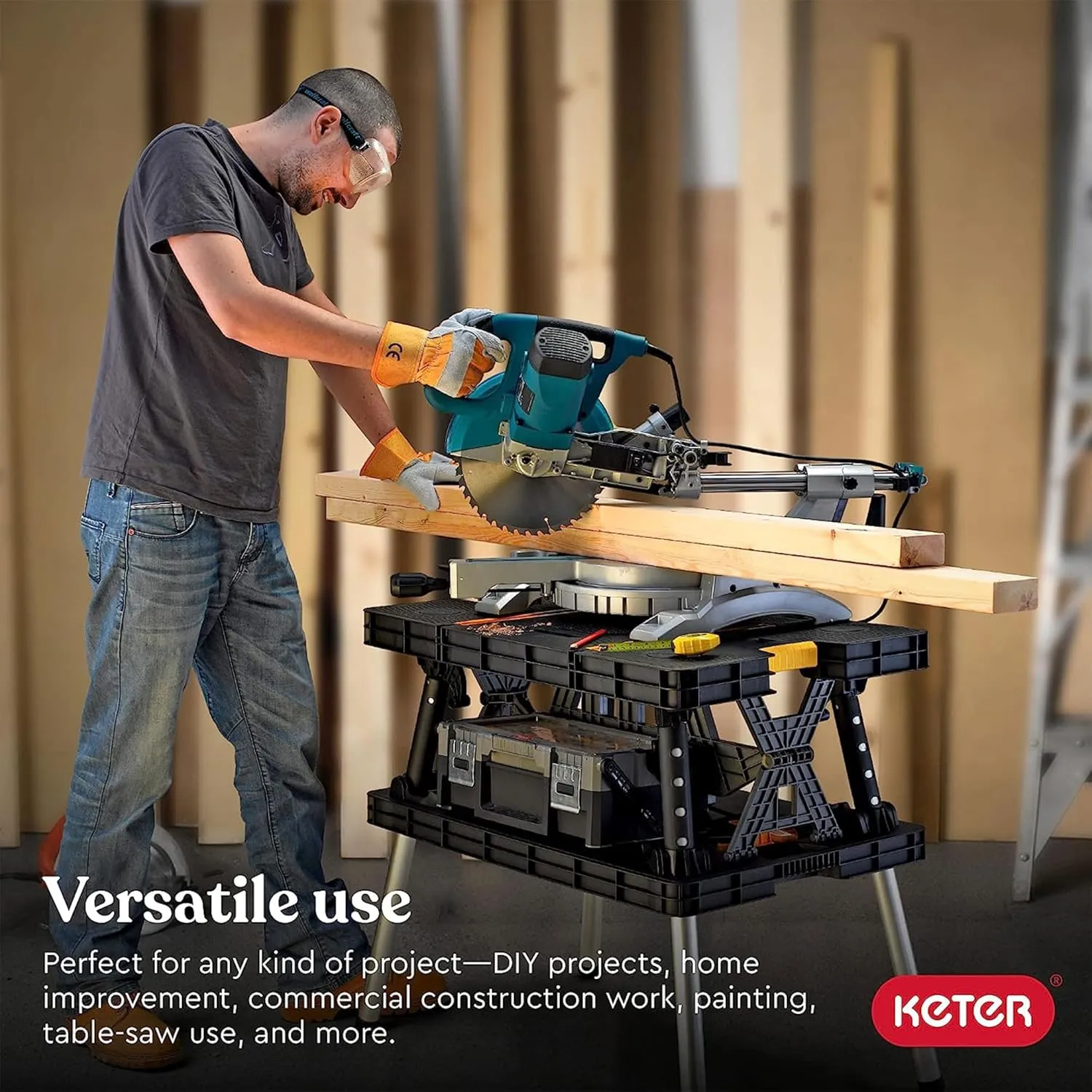 Keter Folding Work Table, Portable Workbench w/ 12" Clamps for Garage/Wood Shop - Heavy-Duty and All-Weather for DIY Home Improvements and Worksites