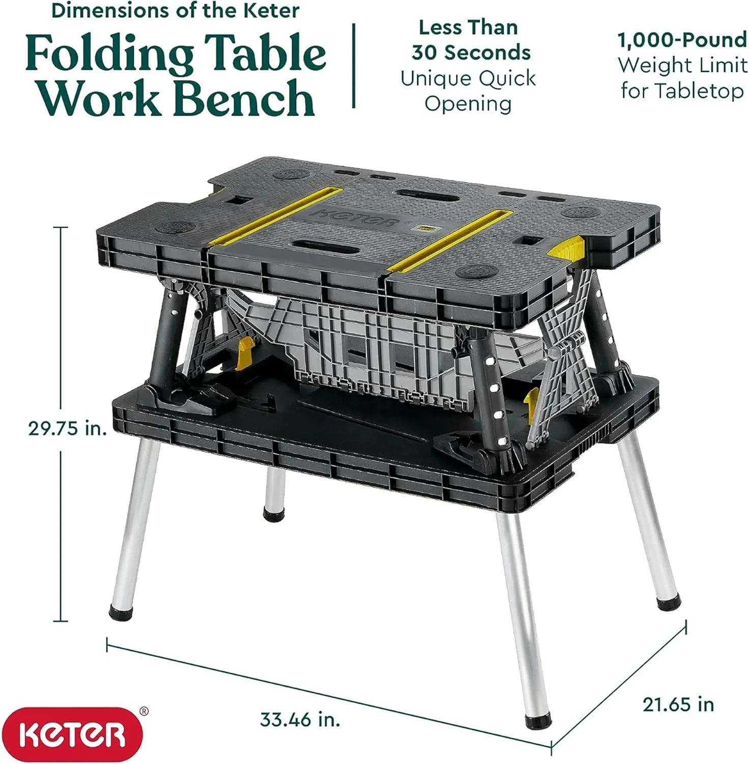 Keter Folding Work Table, Portable Workbench w/ 12" Clamps for Garage/Wood Shop - Heavy-Duty and All-Weather for DIY Home Improvements and Worksites