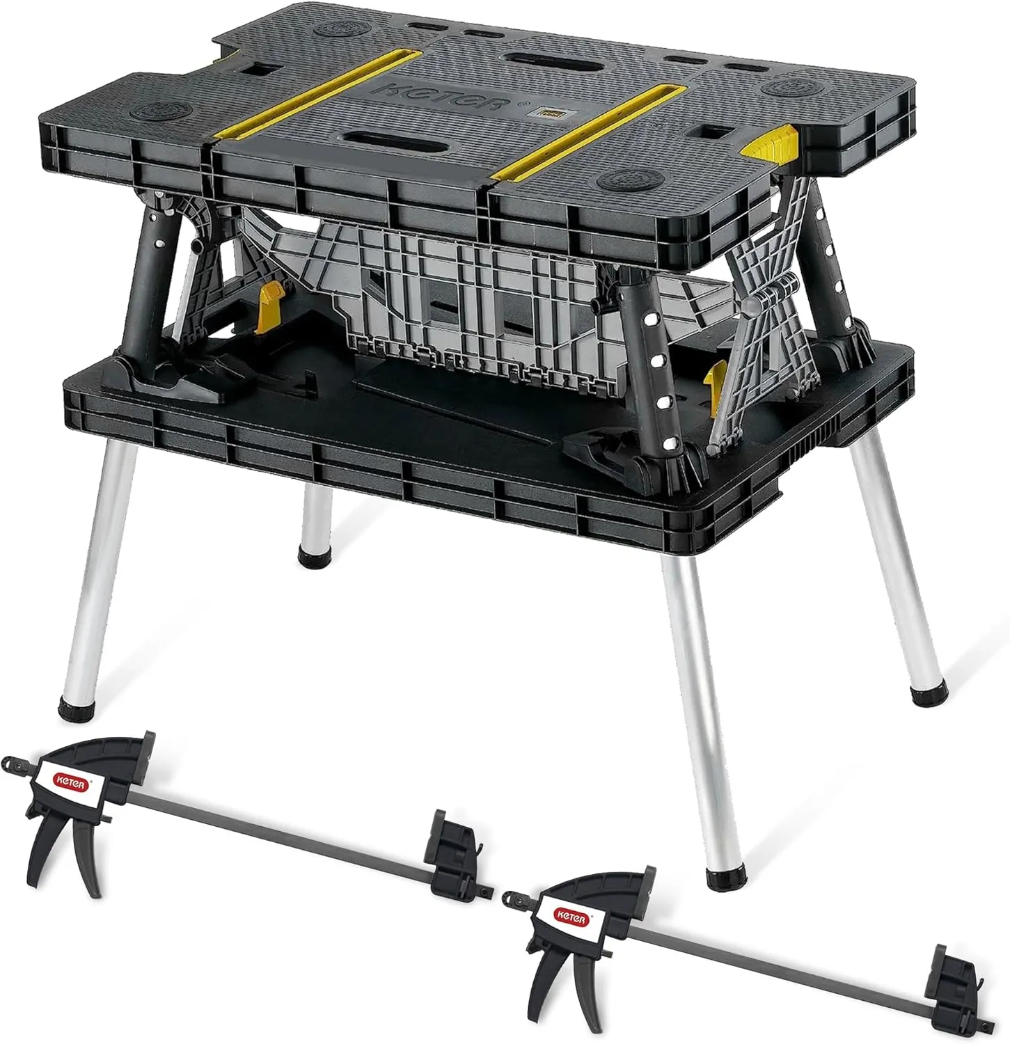 Keter Folding Work Table, Portable Workbench w/ 12" Clamps for Garage/Wood Shop - Heavy-Duty and All-Weather for DIY Home Improvements and Worksites