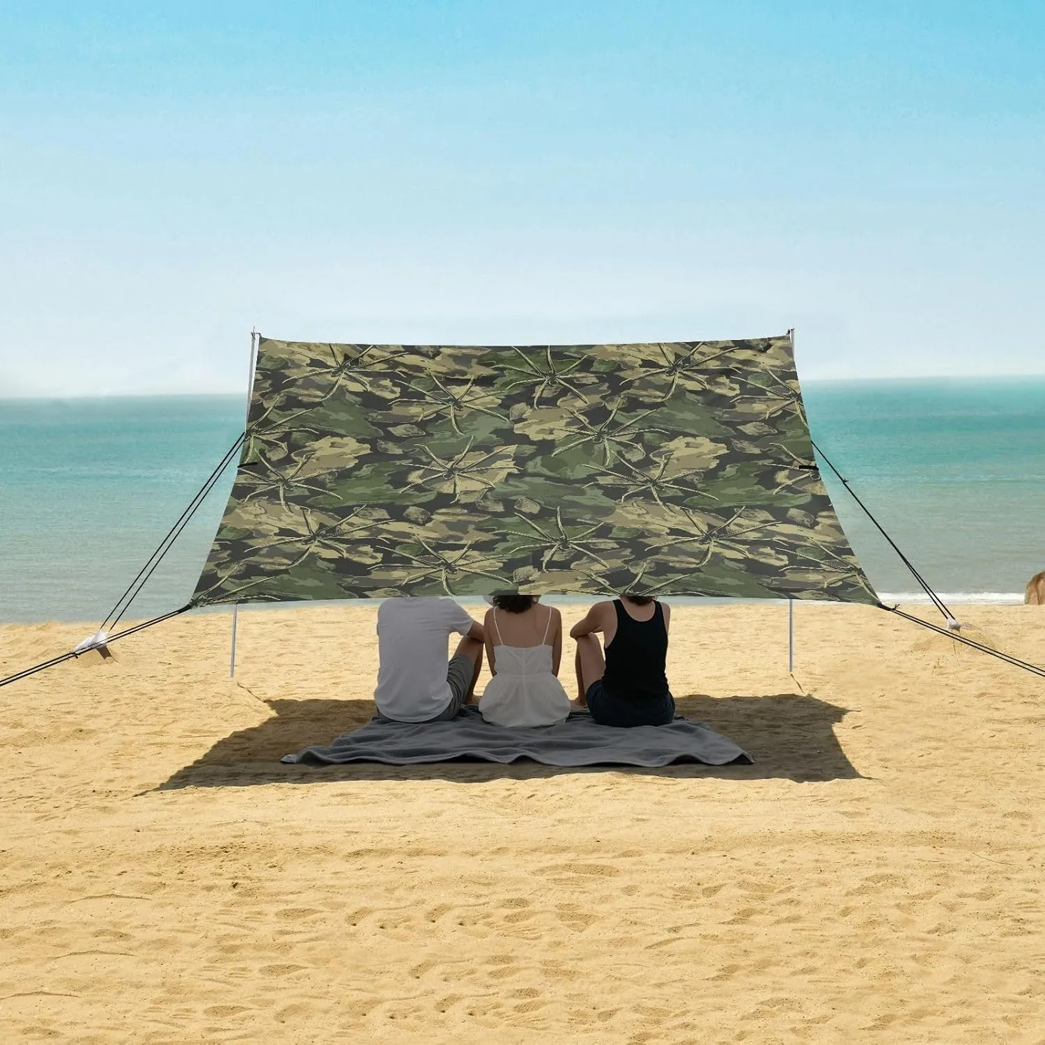 Khaki Camouflage Big Spiders Beach Canopy Tent Anti-UV & Wind Resistant, Camping Sun Shelter Easy Setup Portable,Outdoor Shade Tents with Sandbags,Sand Shovels,Ground Pegs & Stability Poles