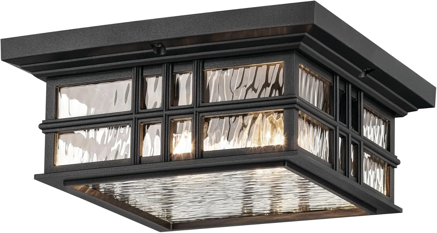KICHLER Beacon Square 12" 2-Light Outdoor Hanging Light with Clear Hammered Glass in Textured Black, for Exterior Ceiling, Garage, Porch, or Patio (5.25" x 12" x 12"), 49834BKT