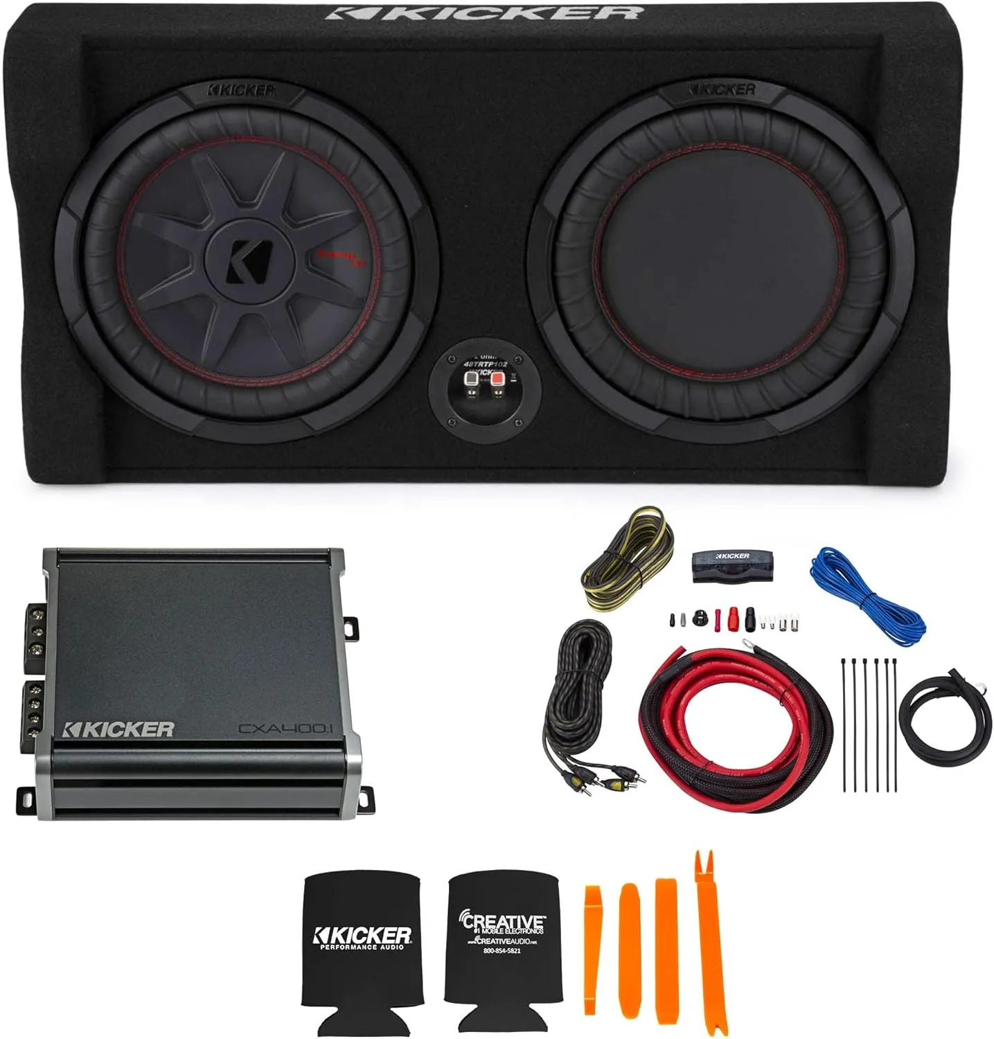 Kicker Comp RT 10 Inch 48TRTP102 Thin Down Firing Enclosure Package with 46CXA4001 Amplifier and Wire kit