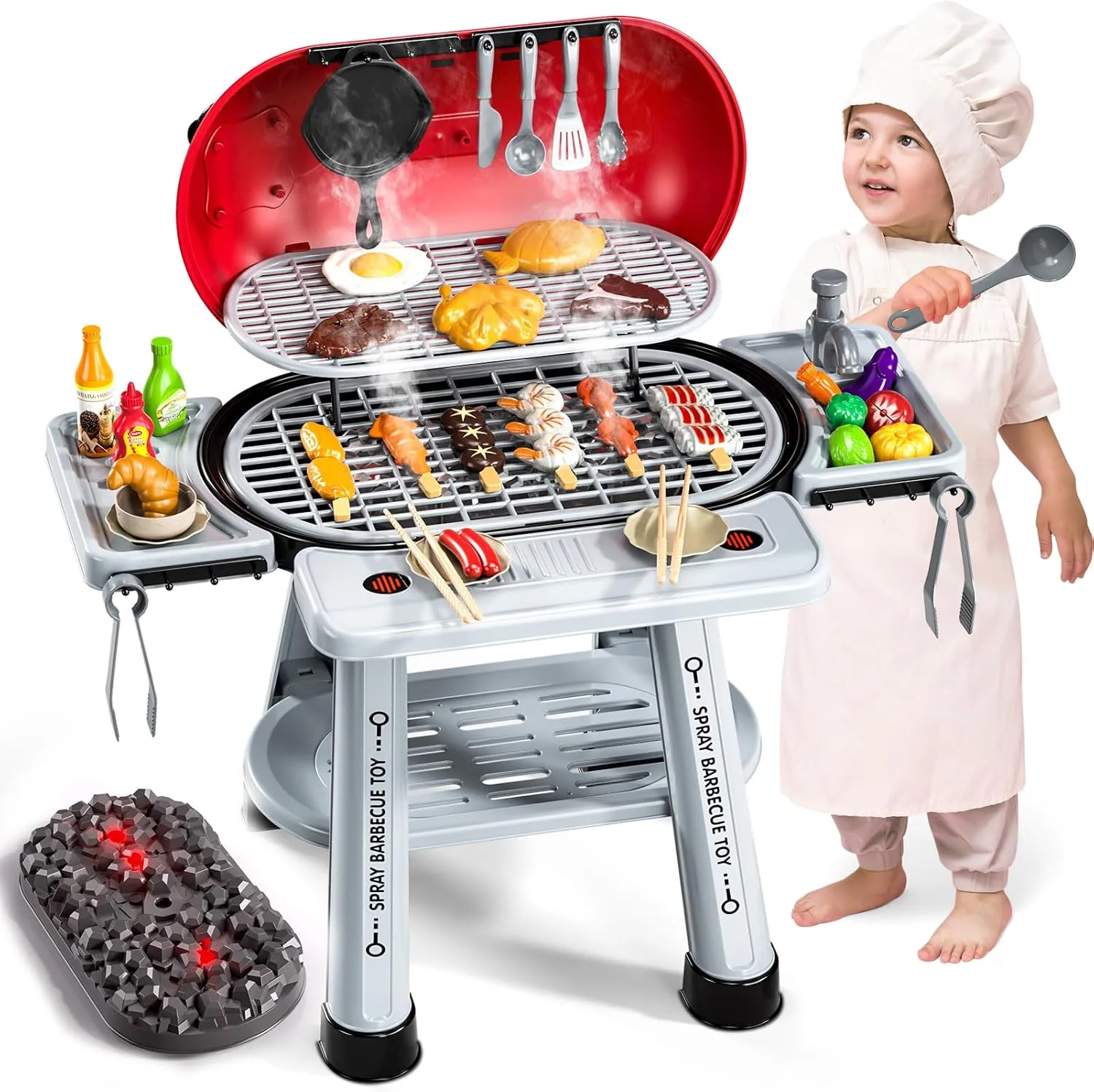 Kids Grill Playset, 2-Layer BBQ Play Kitchen Set for Toddlers 3-5 with Smoke, Sound & Light Interactive Outdoor Kitchen Cooking Toy Grill Christmas Birthday Gift for 4 5 6 Years Old Boys Girls