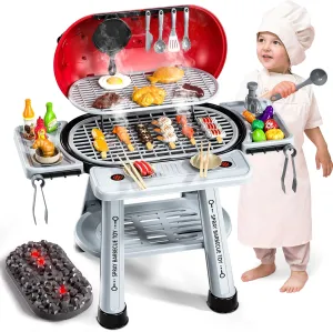 Kids Grill Playset, 2-Layer BBQ Play Kitchen Set for Toddlers 3-5 with Smoke, Sound & Light Interactive Outdoor Kitchen Cooking Toy Grill Christmas Birthday Gift for 4 5 6 Years Old Boys Girls