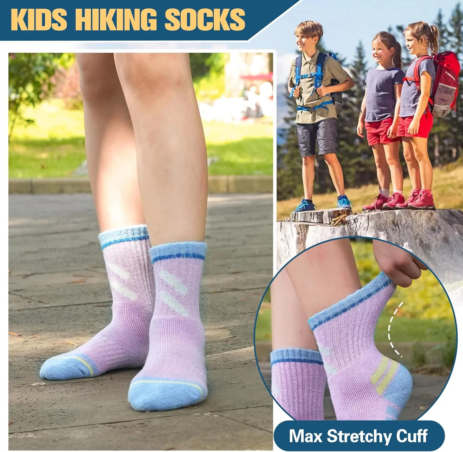 Kids Merino Wool Hiking Socks Boys Girls Toddler Thermal Winter Warm Thick Cushioned Moisture Wicking Socks 6 Pairs
