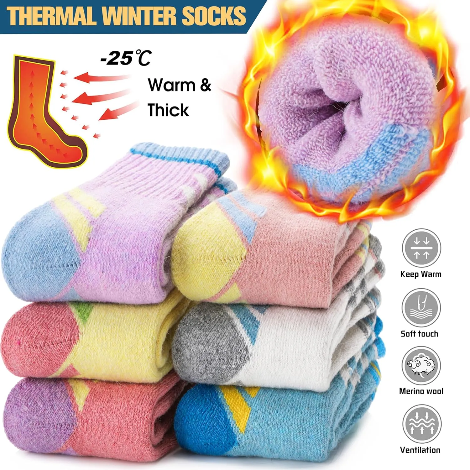 Kids Merino Wool Hiking Socks Boys Girls Toddler Thermal Winter Warm Thick Cushioned Moisture Wicking Socks 6 Pairs
